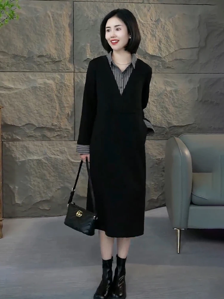 假两件翻领连衣裙秋款女装2025年新款条纹拼接百搭宽松打底直筒裙