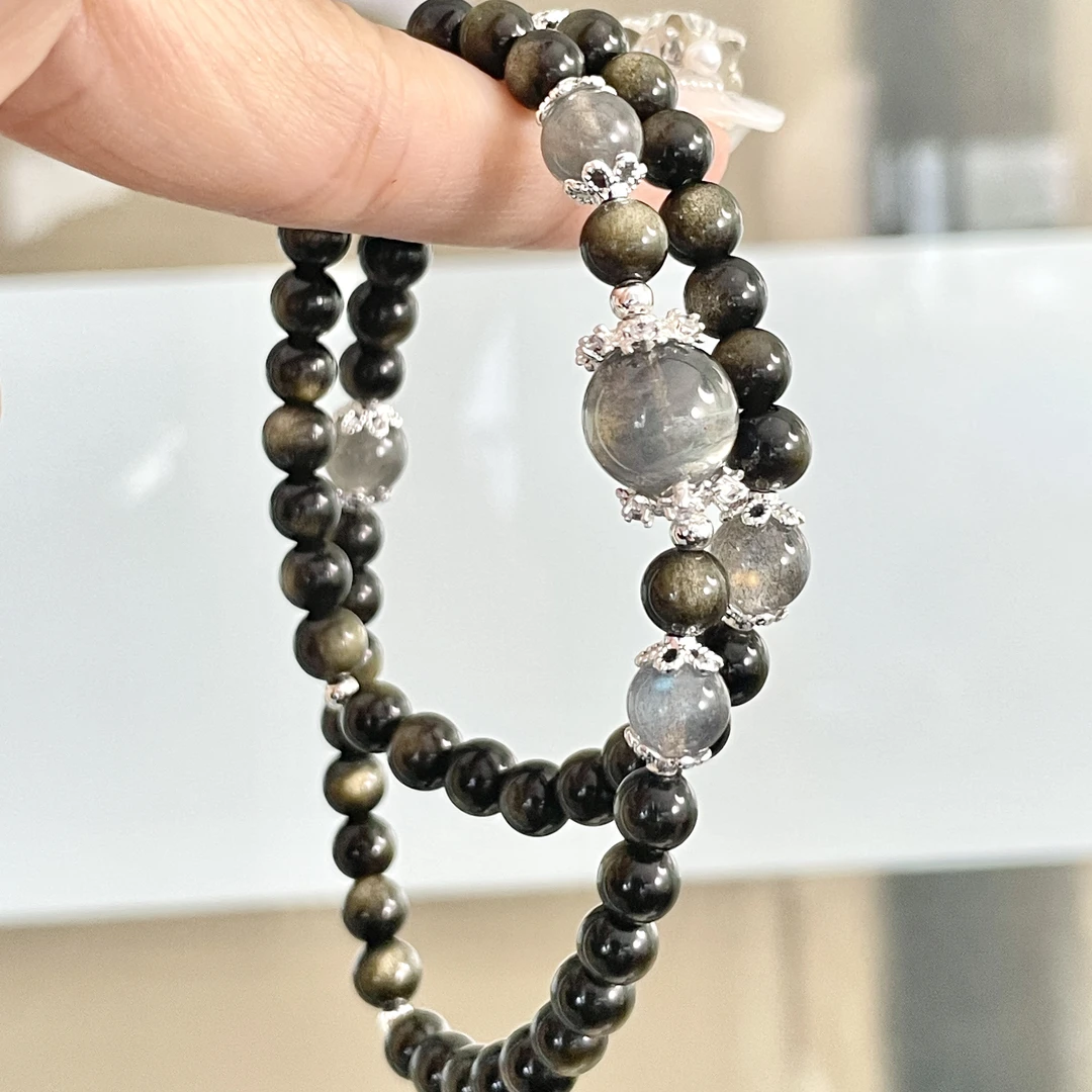 “隐雾”避·挡·保护·睡睡·f小人 金曜石灰月光鹰眼石天然水晶手串