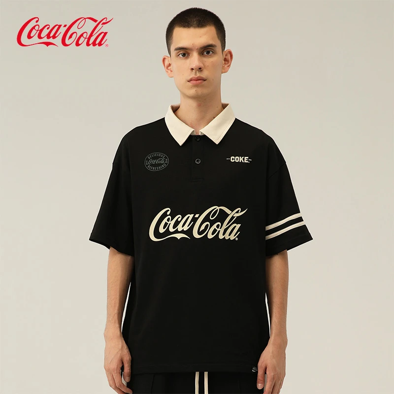 Coca-Cola/可口可乐夏季半袖男士休闲宽松翻领印花透气百搭POLO衫