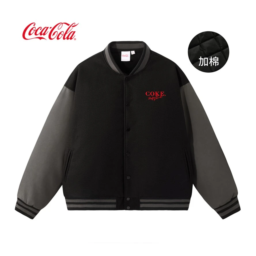 Coca-Cola/可口可乐棉服外套男美式刺绣字母百搭拼接加棉款棒球服
