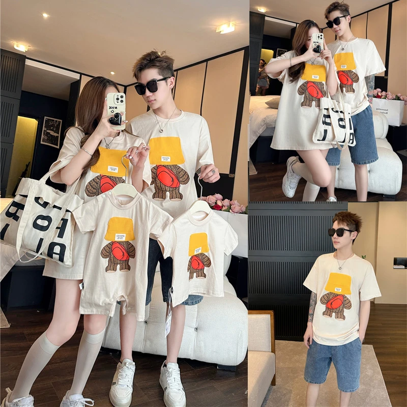 亲子装2024夏装新款时尚印花短袖T恤儿童婴童爬服连体衣夏季通用