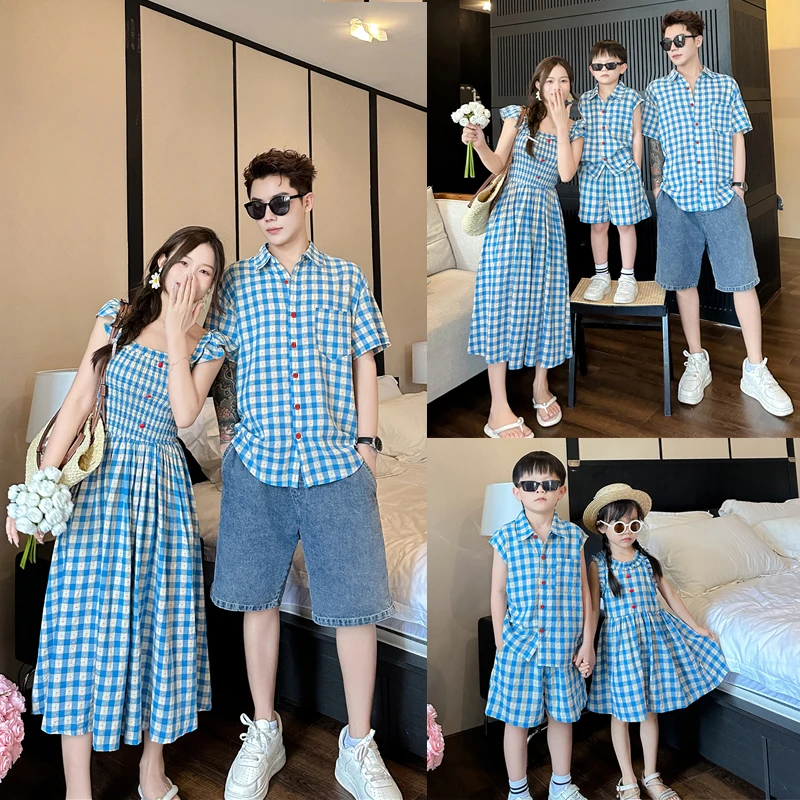 蓝色格子裙三亚度假短袖亲子连衣裙夏季显瘦温柔风母女装仙女裙