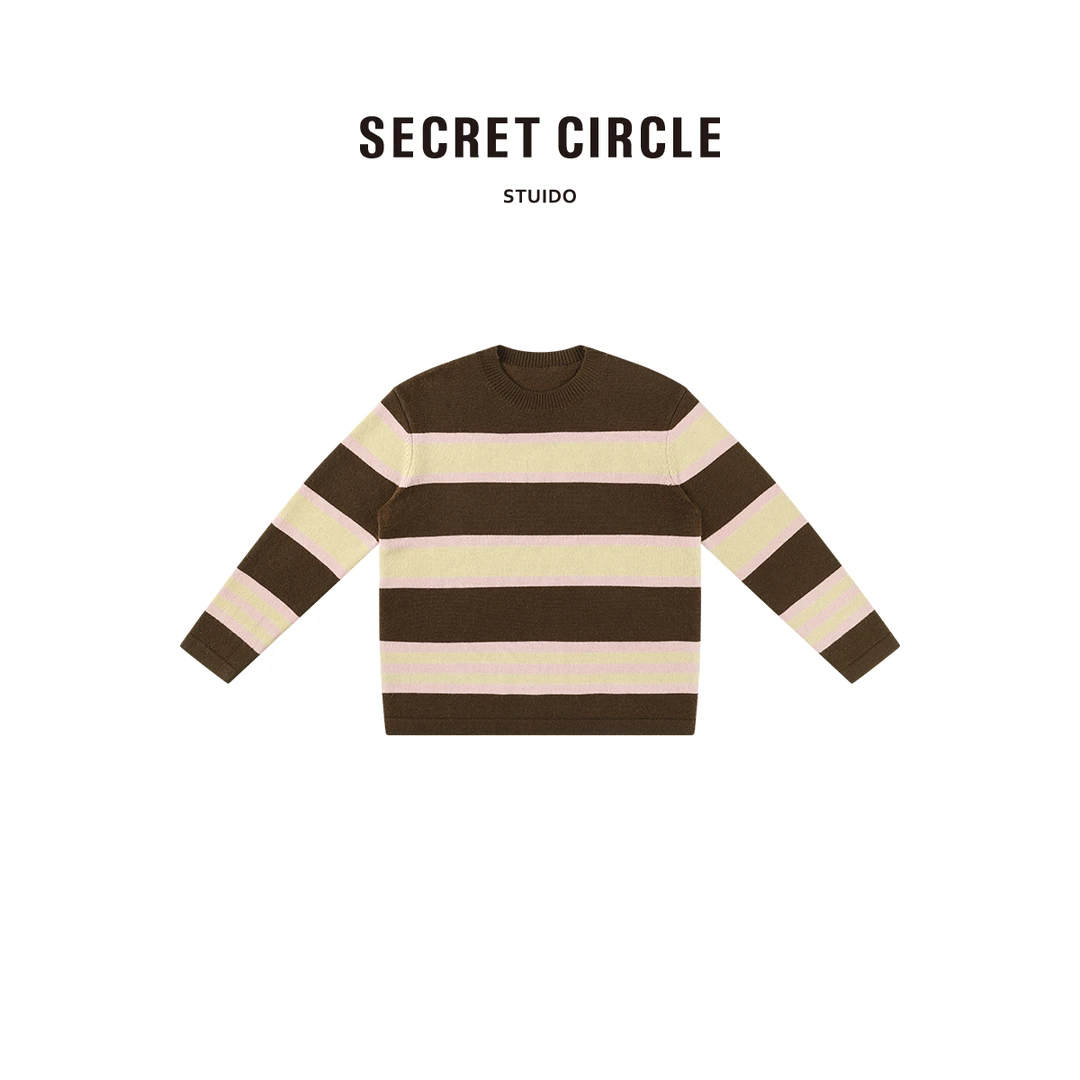 SECRET CIRCLE拼色条纹毛衣圆领长袖绵羊毛针织衫30373