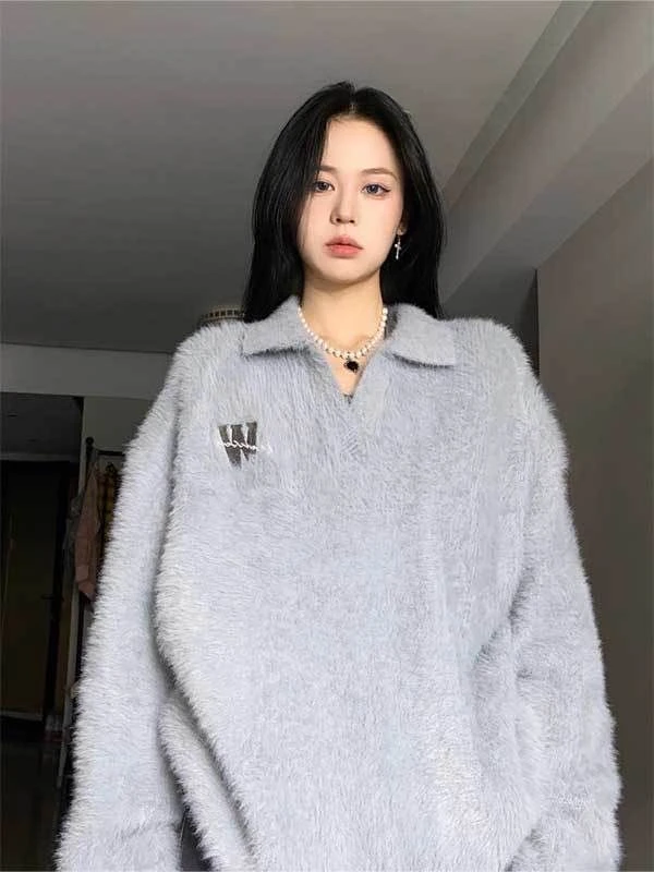 复古蓝灰色v领毛衣女秋冬新款温柔风高级感软糯外穿针织衫