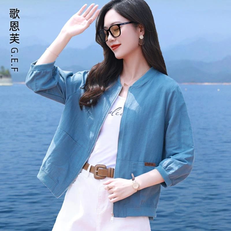 轻薄棉麻外套女春夏2025新款休闲棒球服妈妈薄款透气防晒亚麻上衣