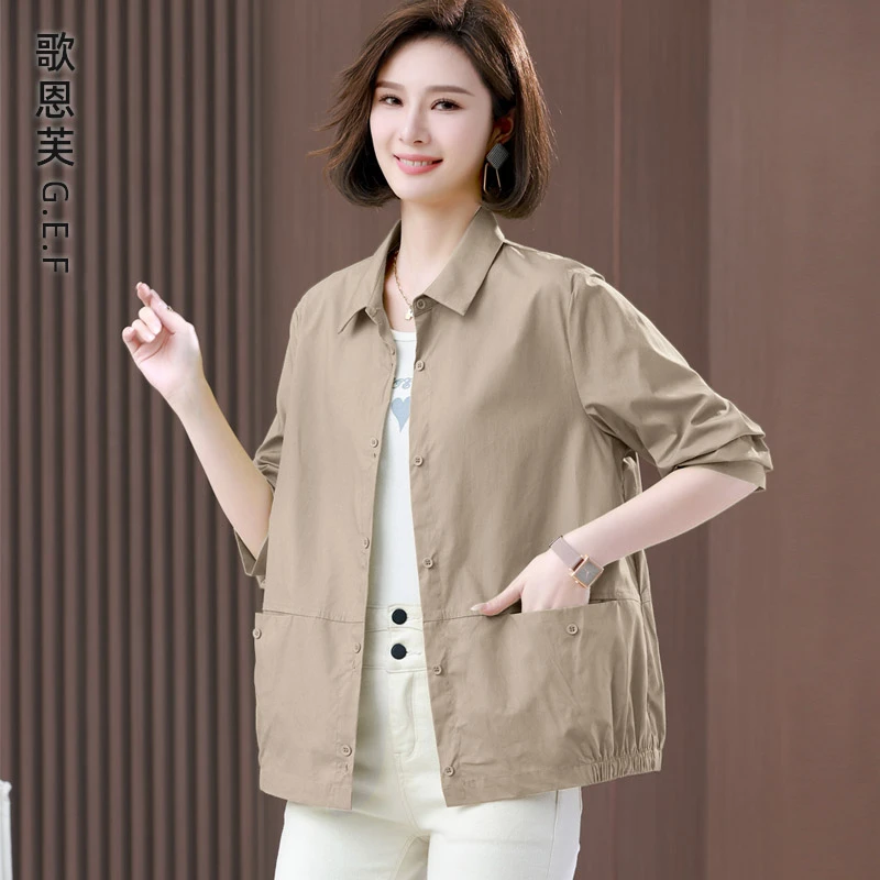 纯棉衬衫女长袖春秋新款中老年妈妈早秋上衣薄款大码休闲衬衫外套