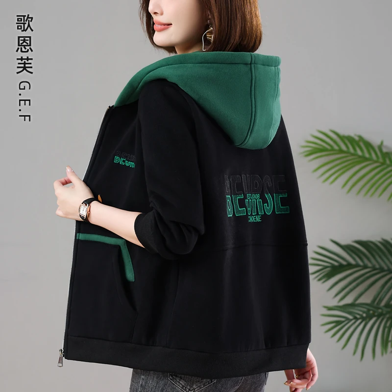 休闲外套女春春季2025新款大码时尚洋气中年妈妈短款连帽开衫卫衣