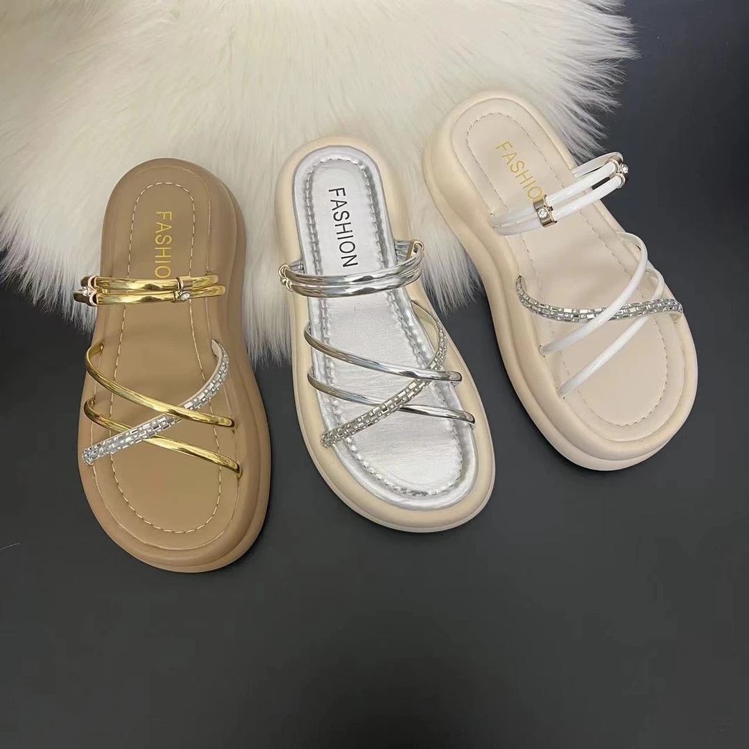 24年新款交叉绑带高级感水钻条厚底拖鞋洋气百搭