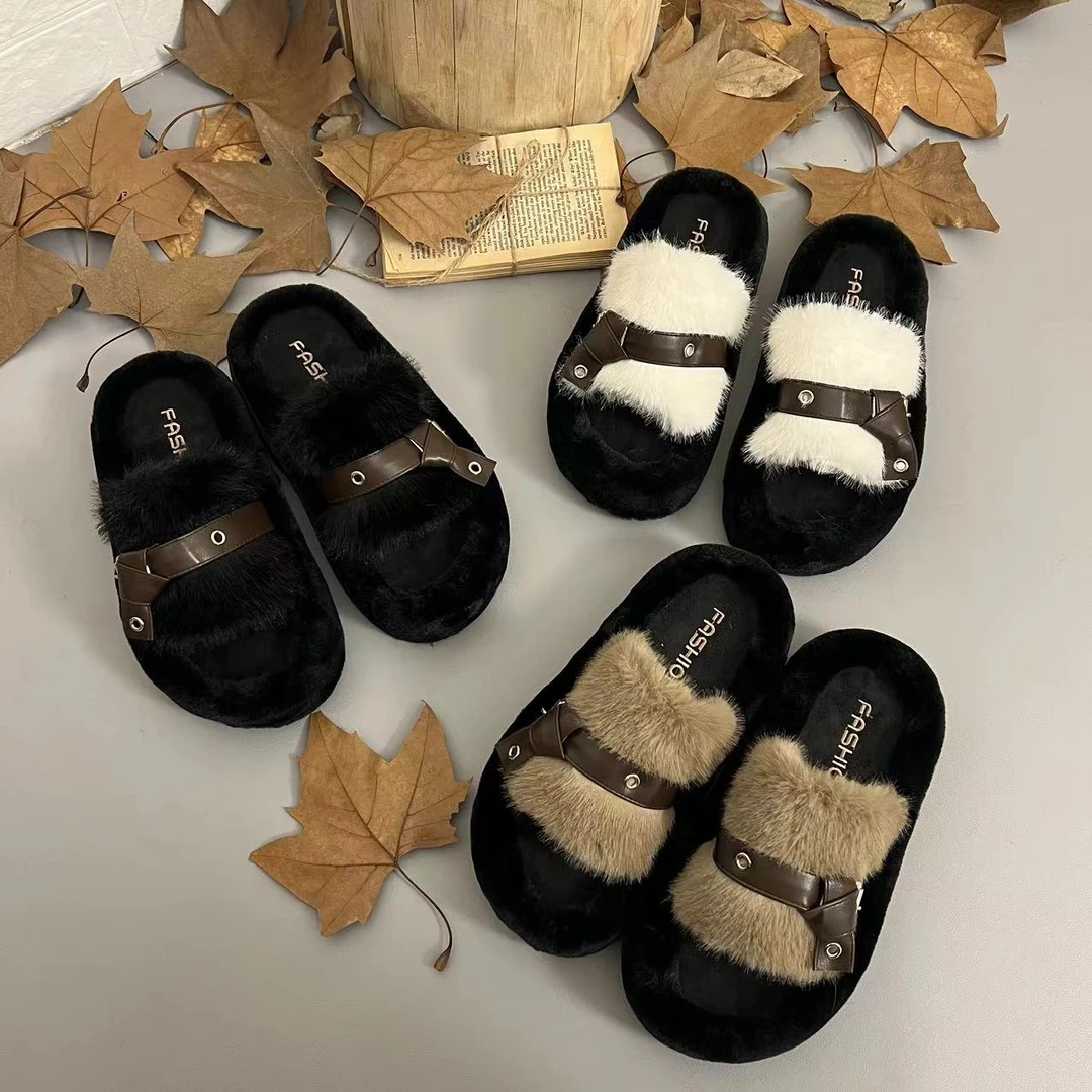 2024皮带扣秀气高级厚底氛围感毛毛拖鞋百搭可盐可甜一字拖