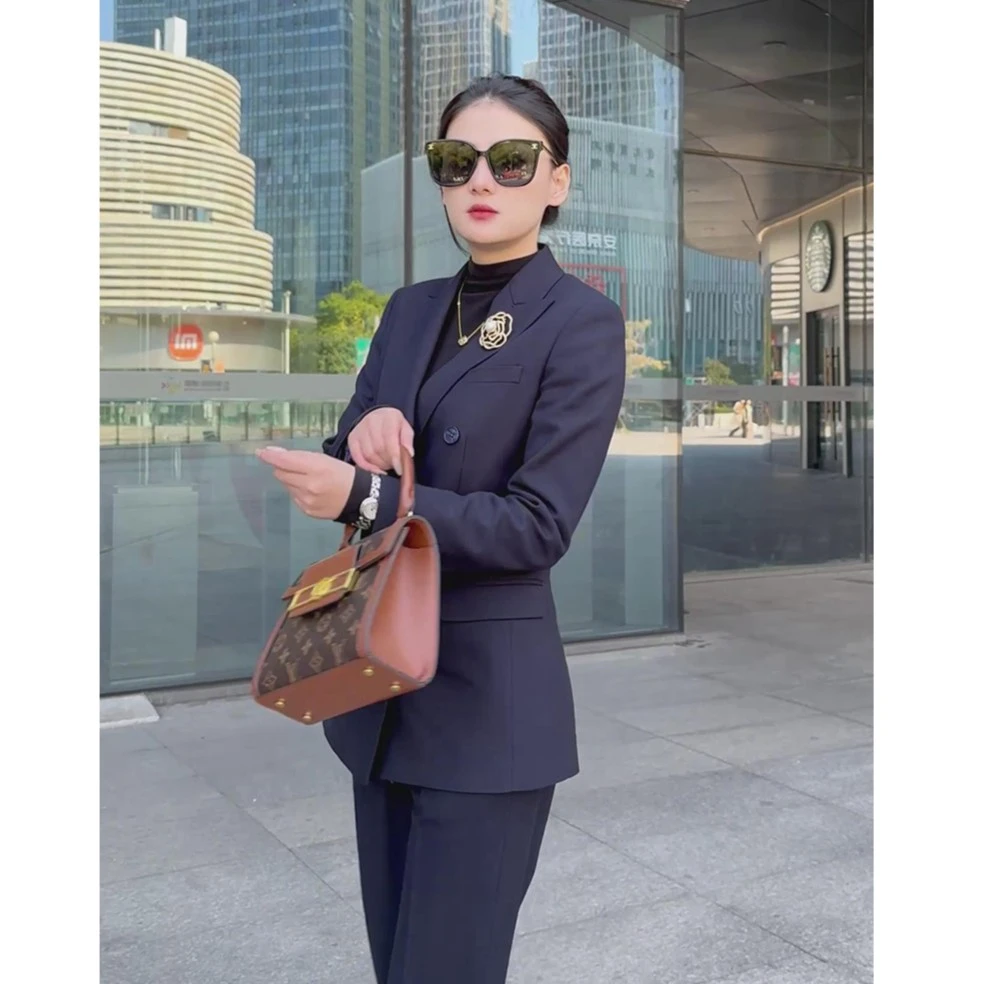 DANLUE/丹略春秋气质藏青色西装套装女职业女装高级感双排扣西装