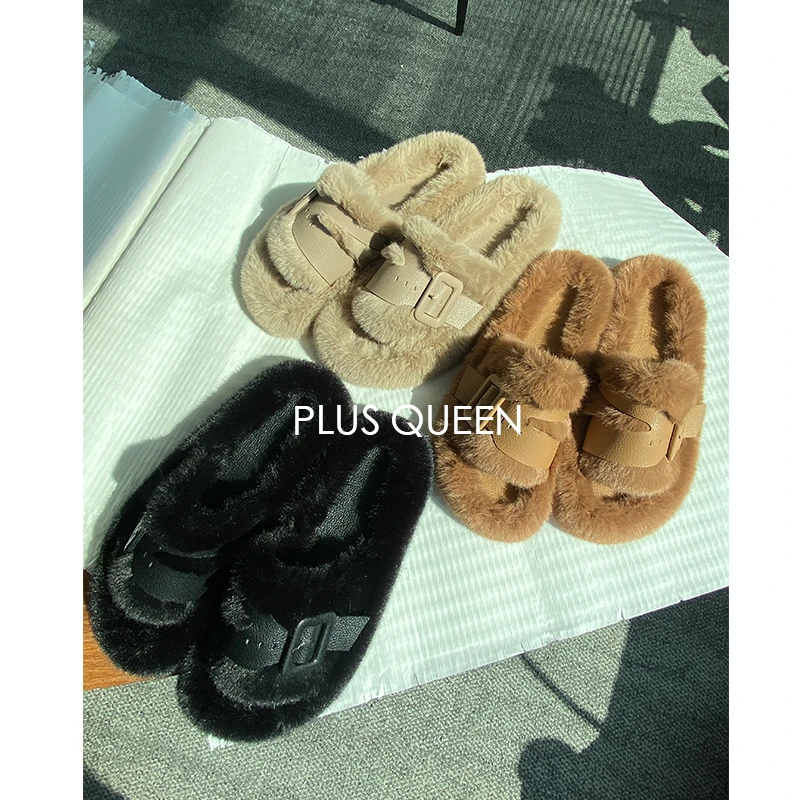 PLUS QUEEN宏蓝｜高个子大码女鞋冬季时尚设计感外穿软底毛毛拖鞋