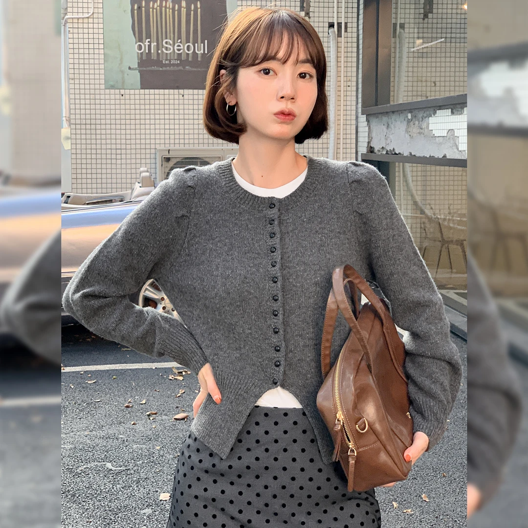 [现货]【云朵霜灰】FS406S184圆领泡泡袖针织开衫