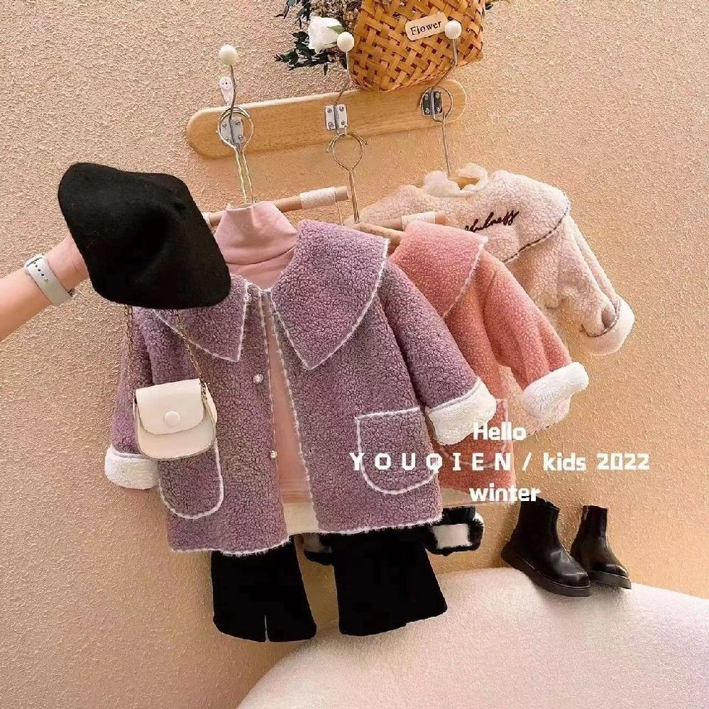女童秋冬羊羔绒外套加绒加厚2024新款洋气小宝宝上衣韩范毛毛