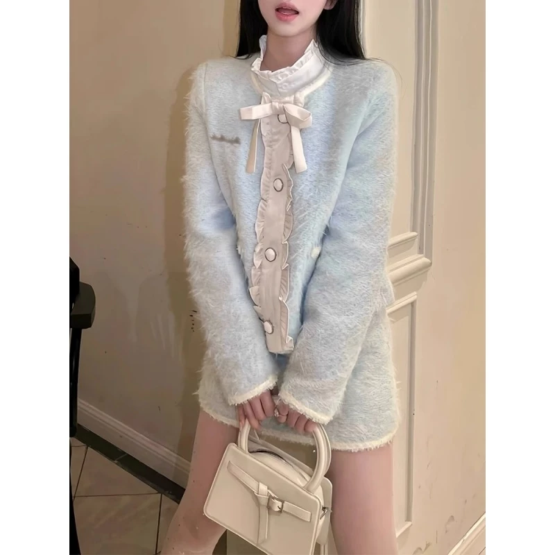 富家千金小香风套装女秋冬高级感蓝色短款外套高腰半身短裙两件套