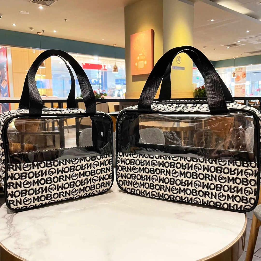 半透明黑白化妆包便携式帆布字母拉链手提袋时尚四方大容量收纳包