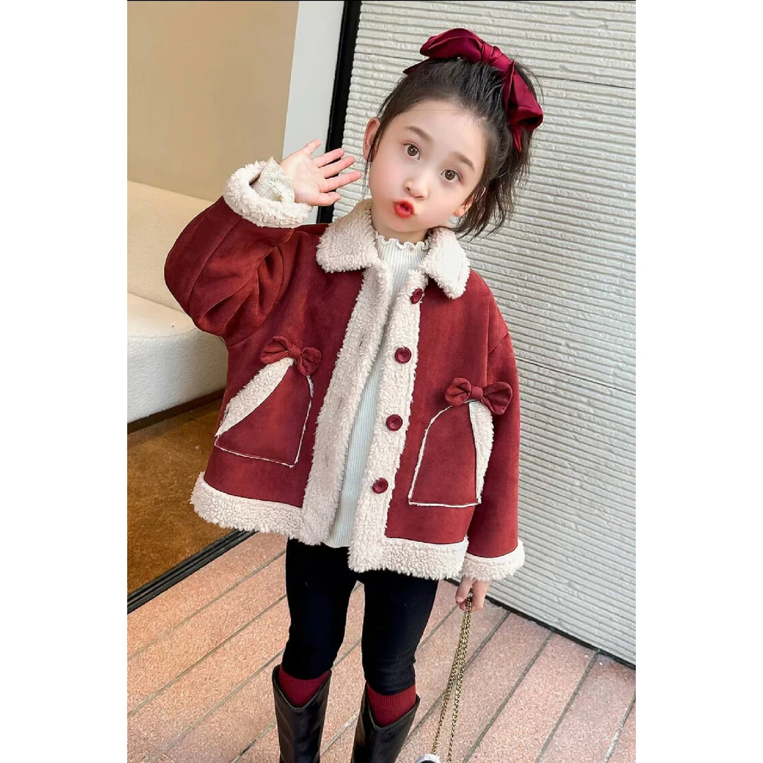女童外套2024秋冬新款加绒加厚保暖时尚可爱洋气翻领外套
