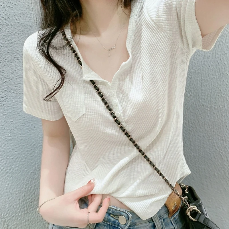 百搭修身显瘦正肩v领短袖t恤女夏季新款韩版设计感小众休闲上衣女