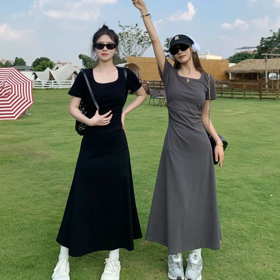 褶皱U型领连衣裙女夏季新款修身显瘦气质法式掐腰中长款连衣裙子