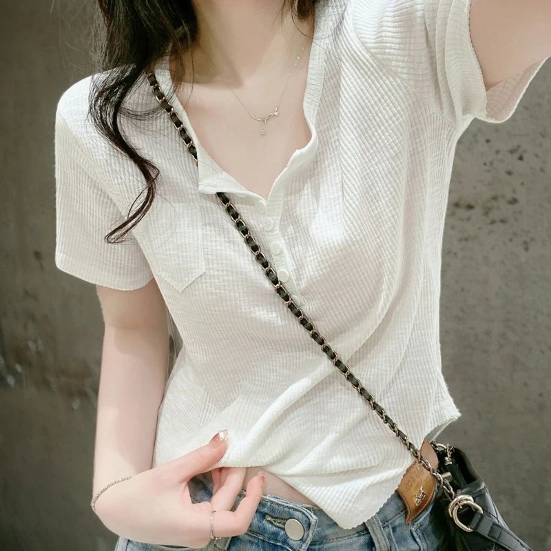 正肩白色v领短袖t恤女夏季新款修身显瘦设计感小众韩版百搭上衣女