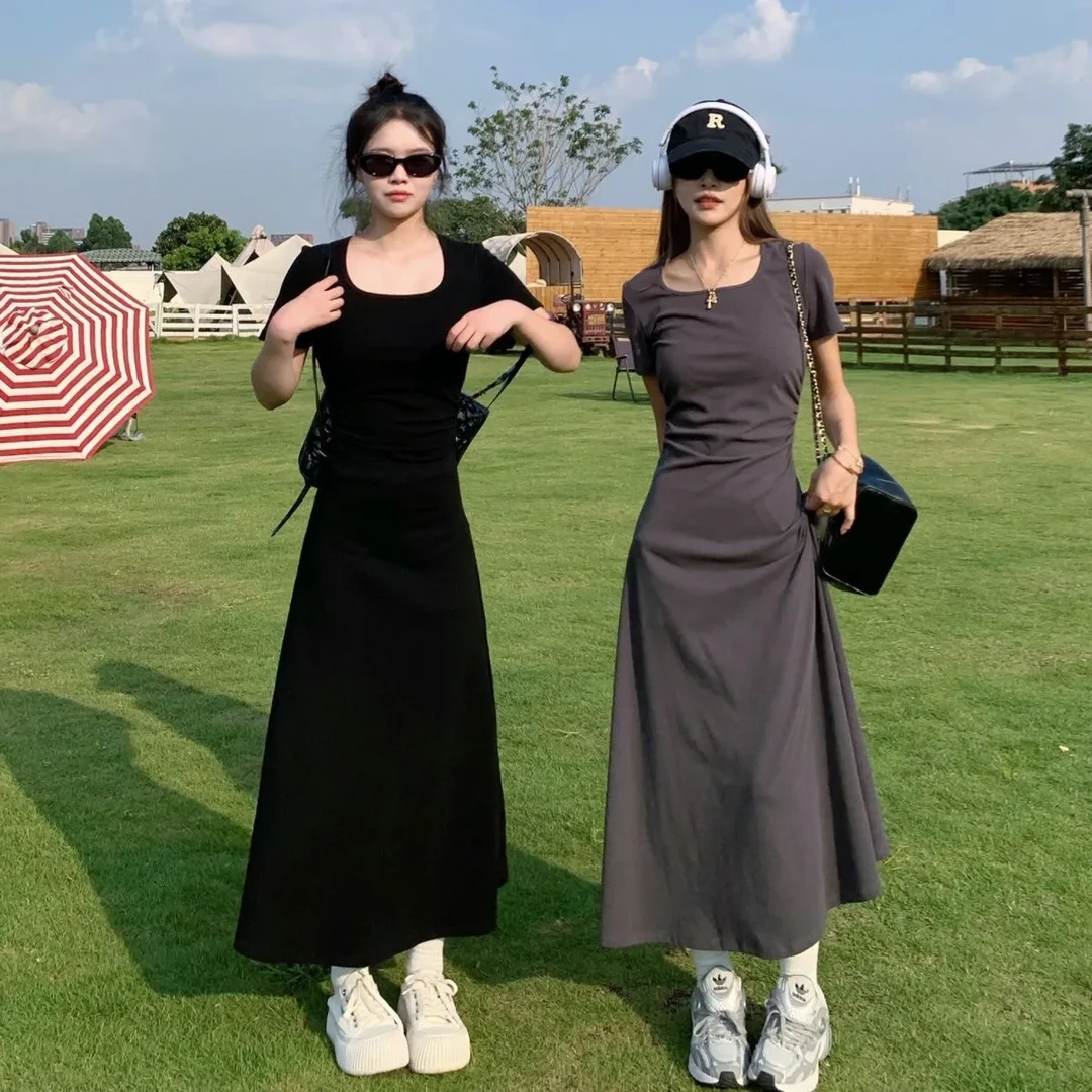 夏季新款U型领褶皱掐腰连衣裙女修身显瘦法式休闲中长款连衣裙子