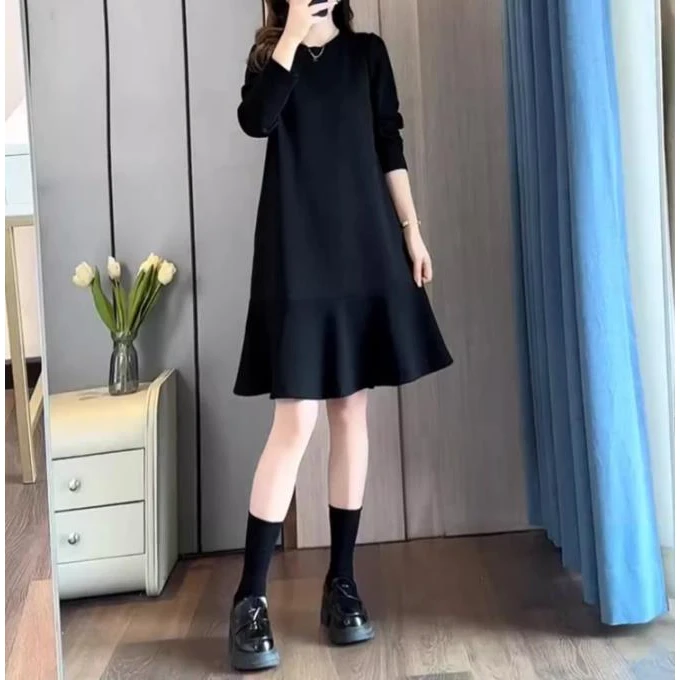 法式高级感端庄大气长袖宽松黑色连衣裙子女装轻职场