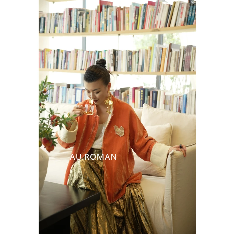 新中式暗纹提花复古刺绣蝴蝶胸针两面穿立领外套