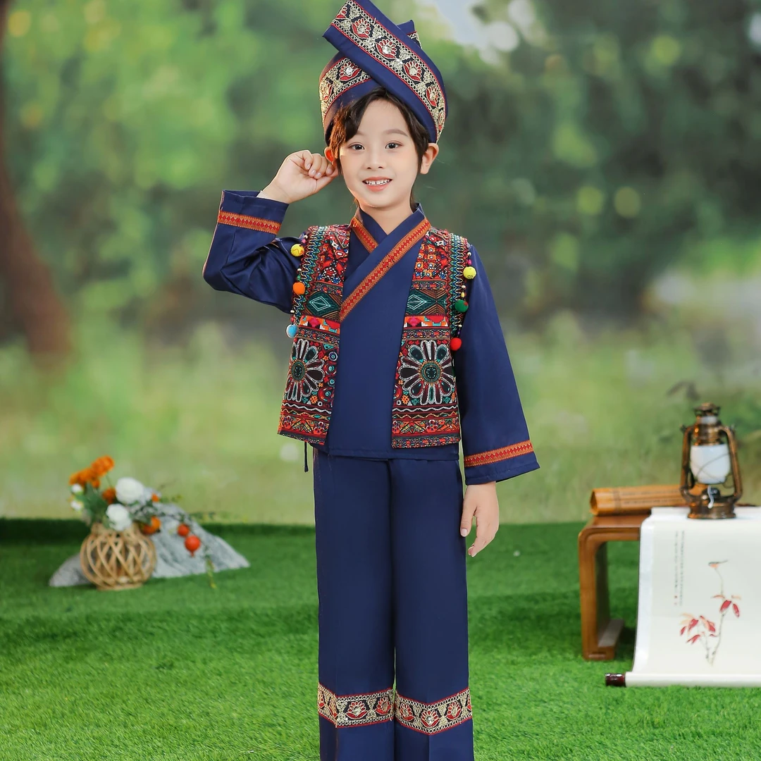 023号  新款壮族三月三男童蓝色少数民族服装民族风民族舞儿童