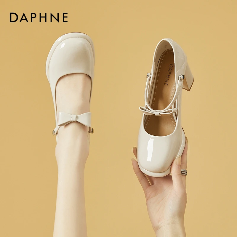 达芙妮高跟玛丽珍鞋女鞋春季2025年新款粗跟蝴蝶结单鞋黑色高跟鞋