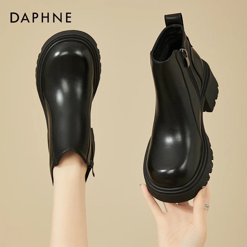 达芙妮冬季靴子女厚底短靴秋冬女鞋加绒踝靴妈妈鞋子粗跟高跟皮鞋