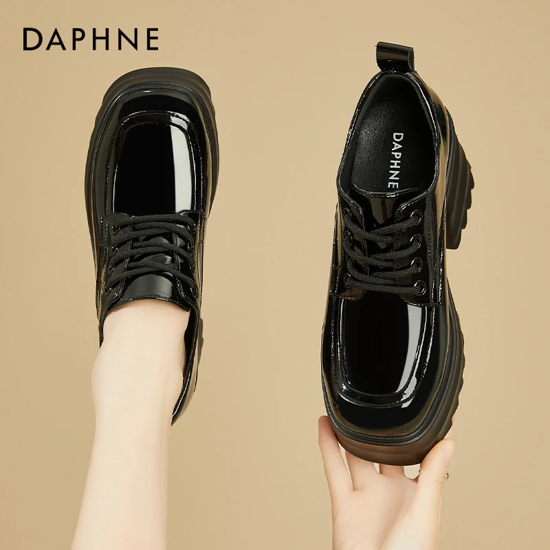 达芙妮黑色乐福鞋女款增高9公分厚底女鞋松糕小皮鞋高跟粗跟单鞋