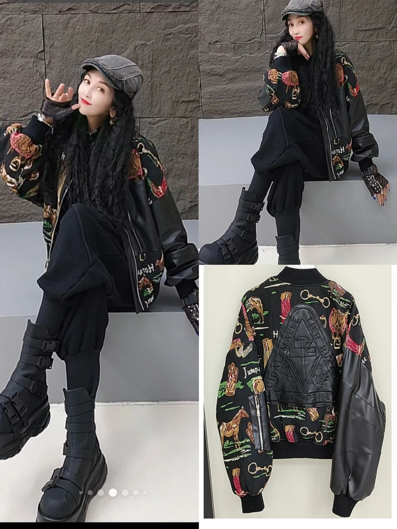 加绒短款外衣潮牌欧货新款秋冬1022款套户外秋冬潮流宽松印花拼接