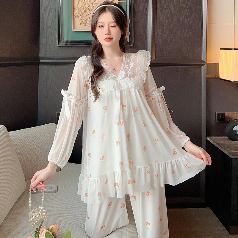 带胸垫春秋季薄款甜美网纱公主风套装睡衣女蕾丝长袖宽松家居服
