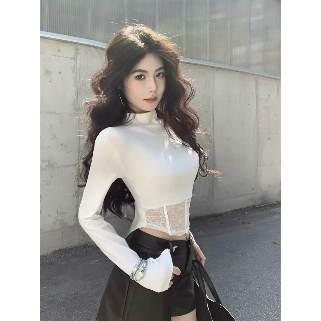 辣妹性感蕾丝鱼骨沙漏腰半高领长袖T恤秋冬新款吸睛设计感上衣潮