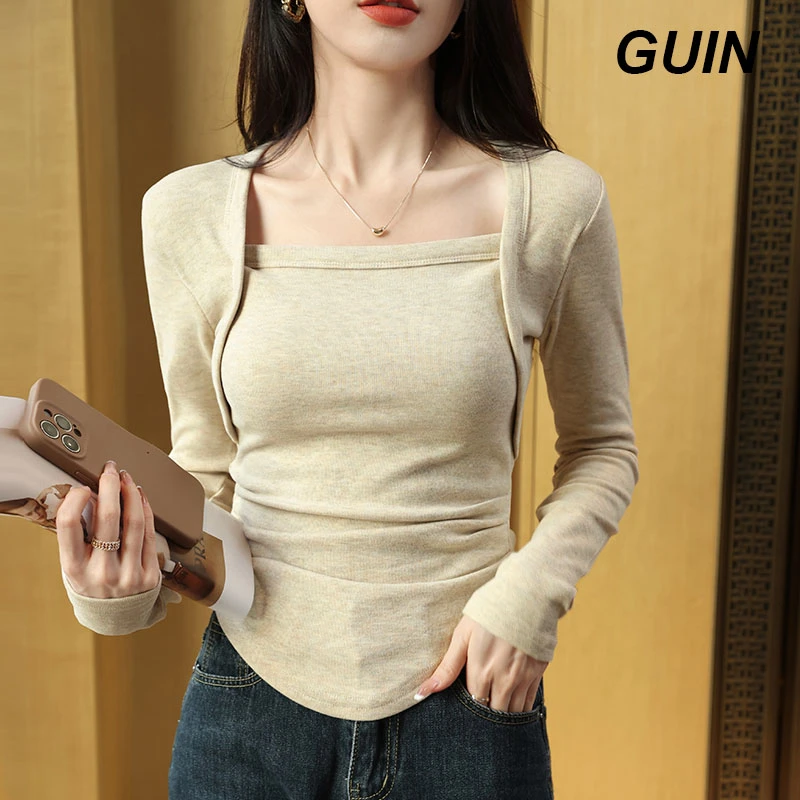 方领打底衫女秋冬内搭设计感小众修身显瘦长袖t恤不规则别致上衣