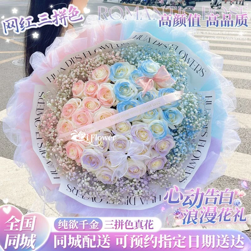 真花双色三色玫瑰花束送女友表白生日花束鲜花直播间现场直播卖花