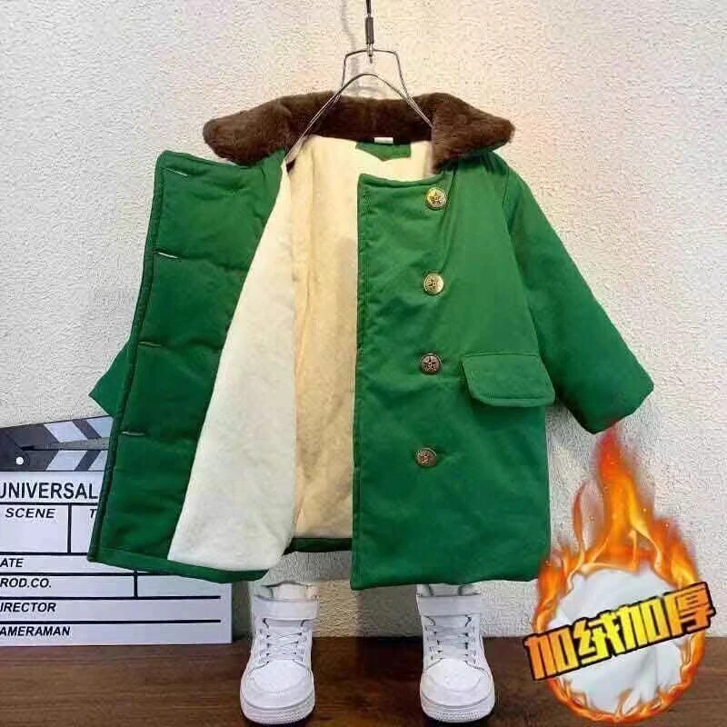 男童军大衣棉服冬季2023新款中大童加绒加厚男孩儿童个性炸街