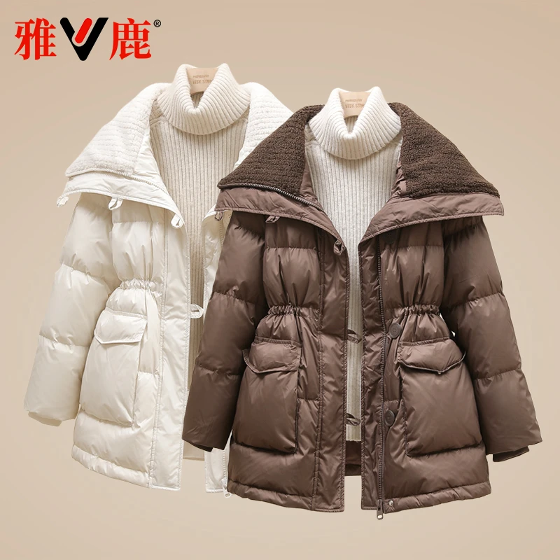 雅鹿2025新款羽绒服女中长款大翻领收腰白鸭绒百搭休闲时尚外套