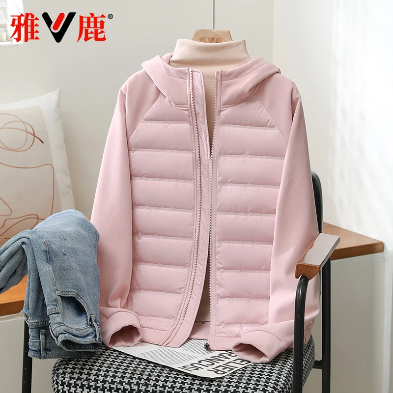 雅鹿2025新款轻薄羽绒服女连帽防风通勤简约保暖拼接外套女秋冬季