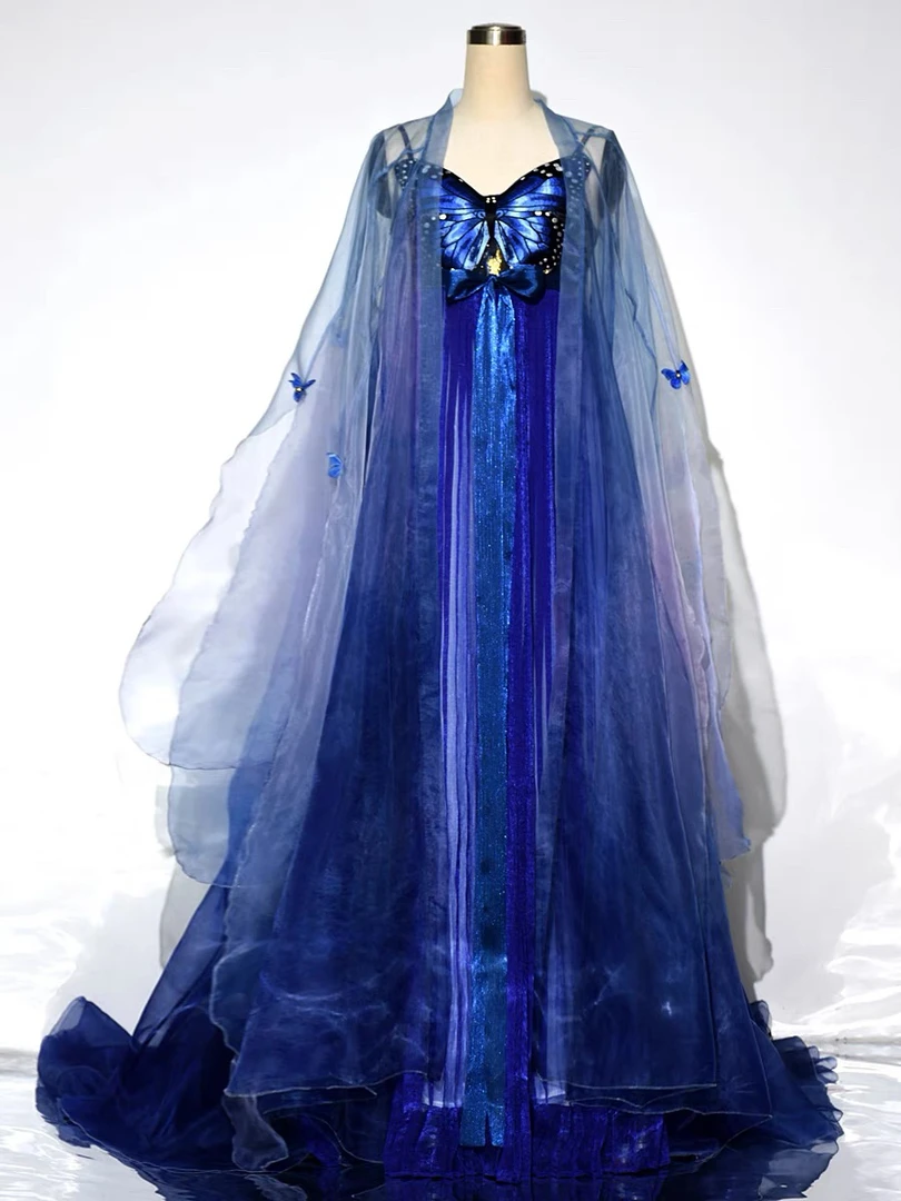 子爵秋色【蓝蝶幻影】2024夏季新款绣花印花拖尾破烂大袖诃子裙汉服