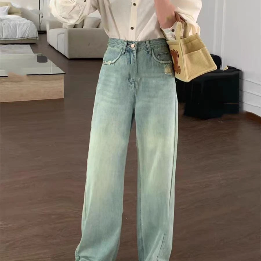 9078爆款口袋磨破怀旧小直筒裤