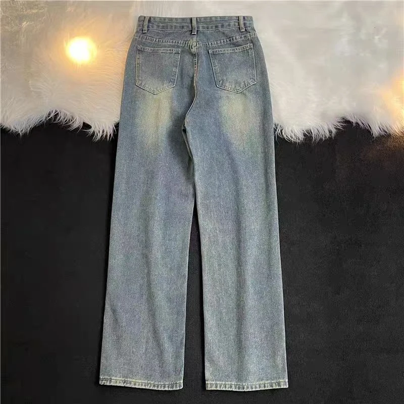 6023美式复古直筒宽松牛仔裤高腰显瘦阔腿长裤