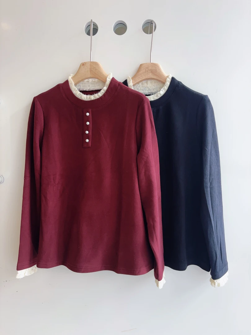 TU姐 冬季大码冬季时尚蕾丝花边立领德绒保暖内搭打底衫加绒打底