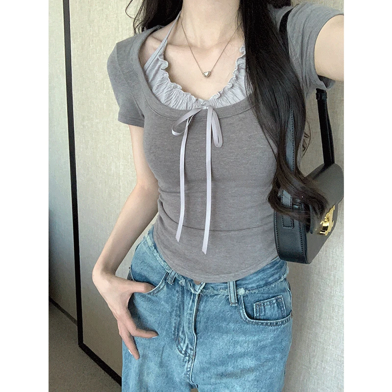 王少女的店纯欲挂脖假两件短袖t恤女2025夏别致法式小众显瘦上衣