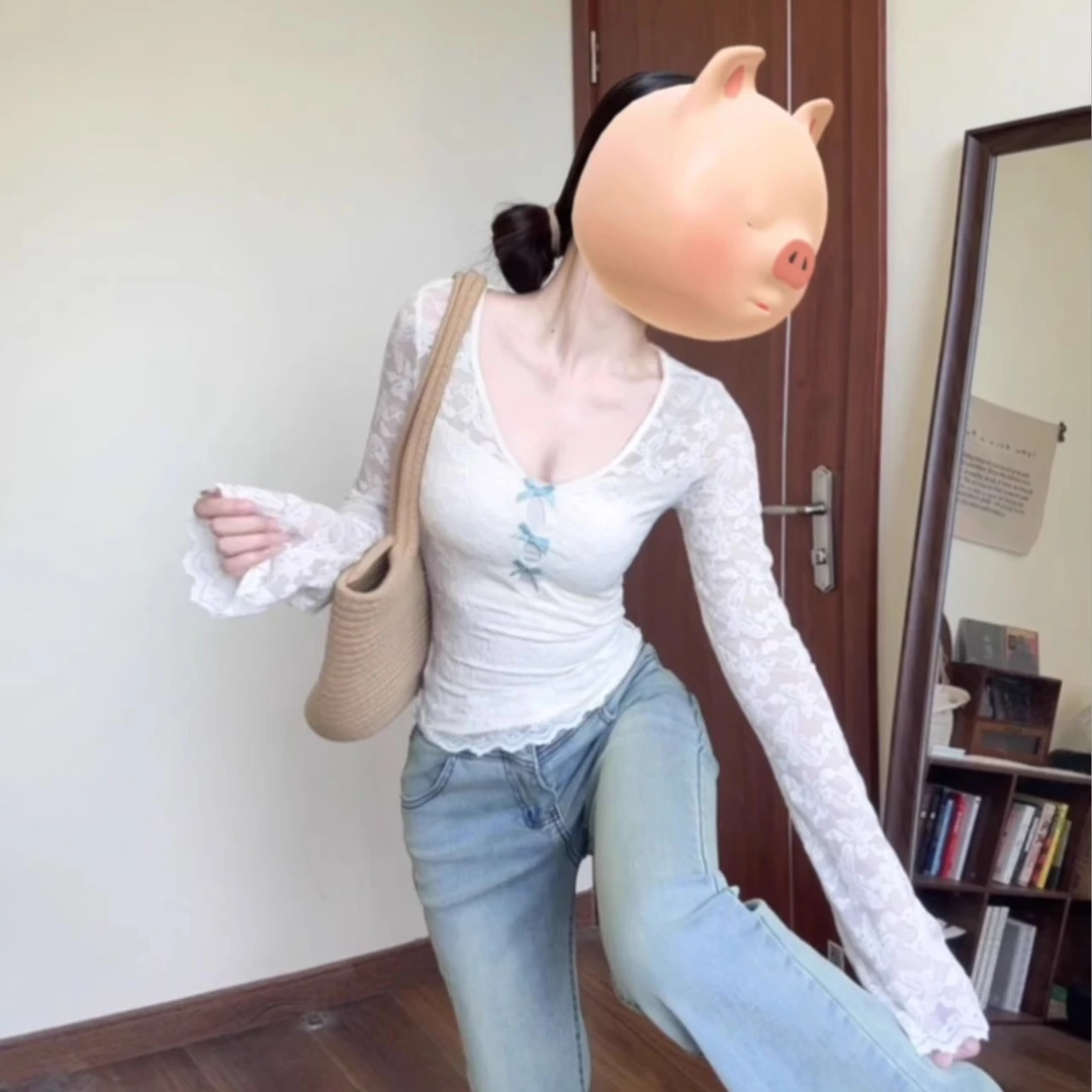 韩系辣妹蕾丝拼接长袖t恤女秋季bm纯欲风蝴蝶结显瘦内搭短款上衣