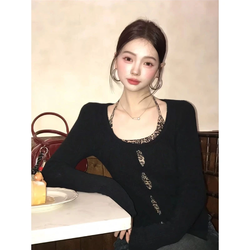 韩系穿搭黑色长袖t恤女早秋季小个子修身短款豹纹挂脖上衣两件套