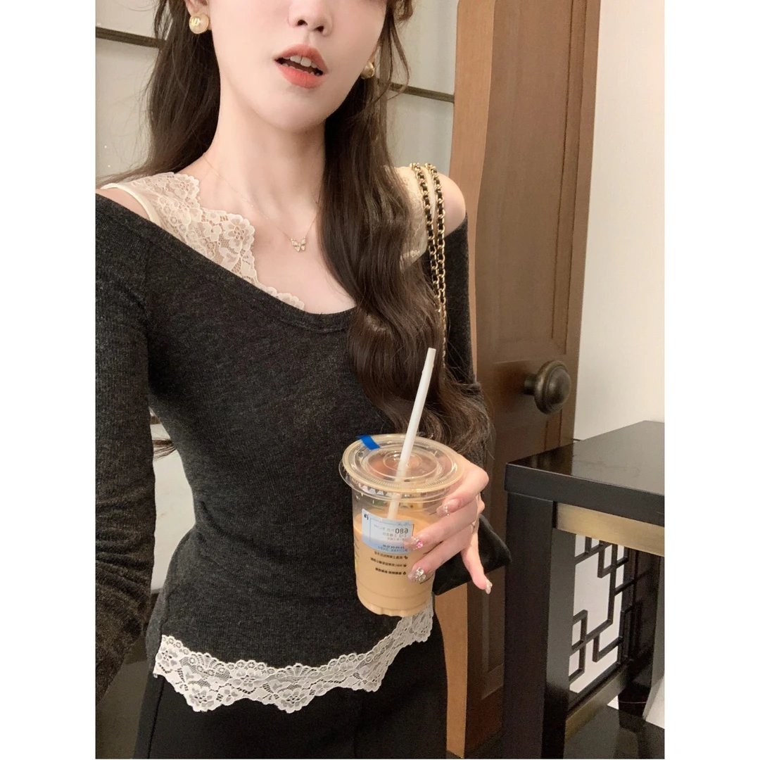 安璃 纯欲风露肩小众设计感蕾丝拼接假两件上衣时髦百搭长袖T恤