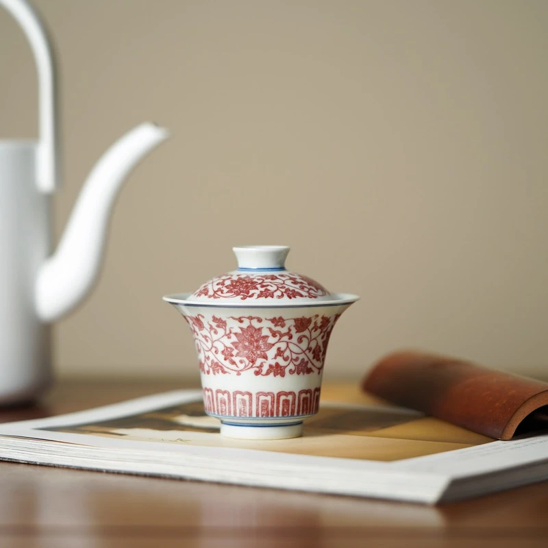 景德镇四夕窑全手工仿古原矿釉里红缠枝莲盖碗2.0适合红绿白茶