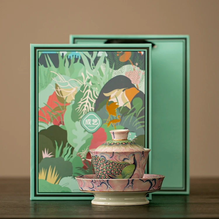 友名陶瓷  成艺陶瓷国潮孔雀三才盖碗茶杯陶瓷功夫茶具家用-4364