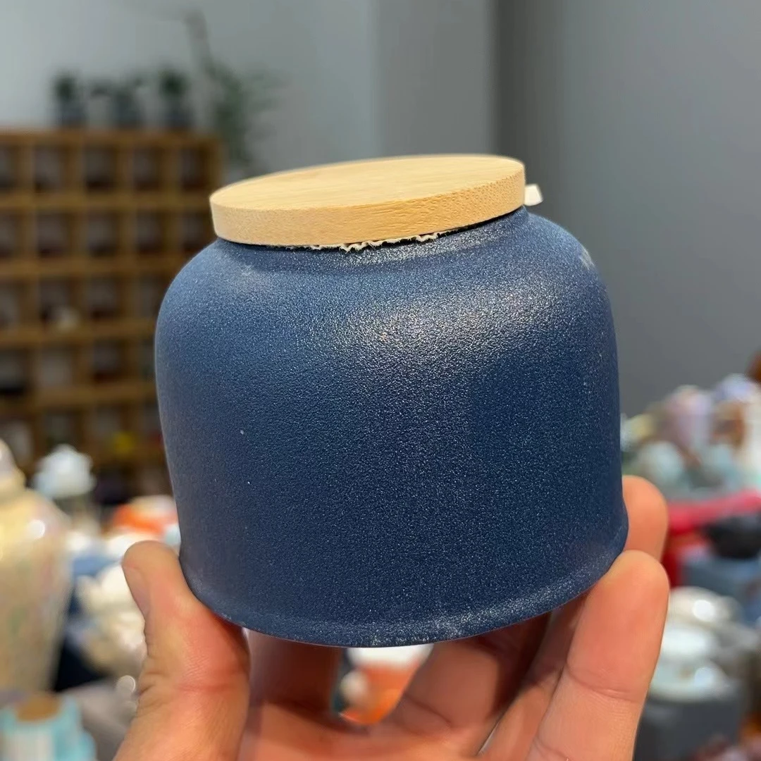 秋香茶具 路宝蓝色陶瓷木盖小茶叶罐密封罐储茶罐-6144