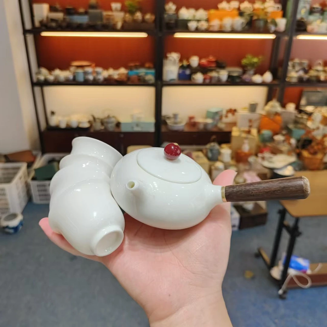 玲珑 羊脂玉瓷陶瓷侧把壶一壶四杯小套装家用功夫茶具套-3304号